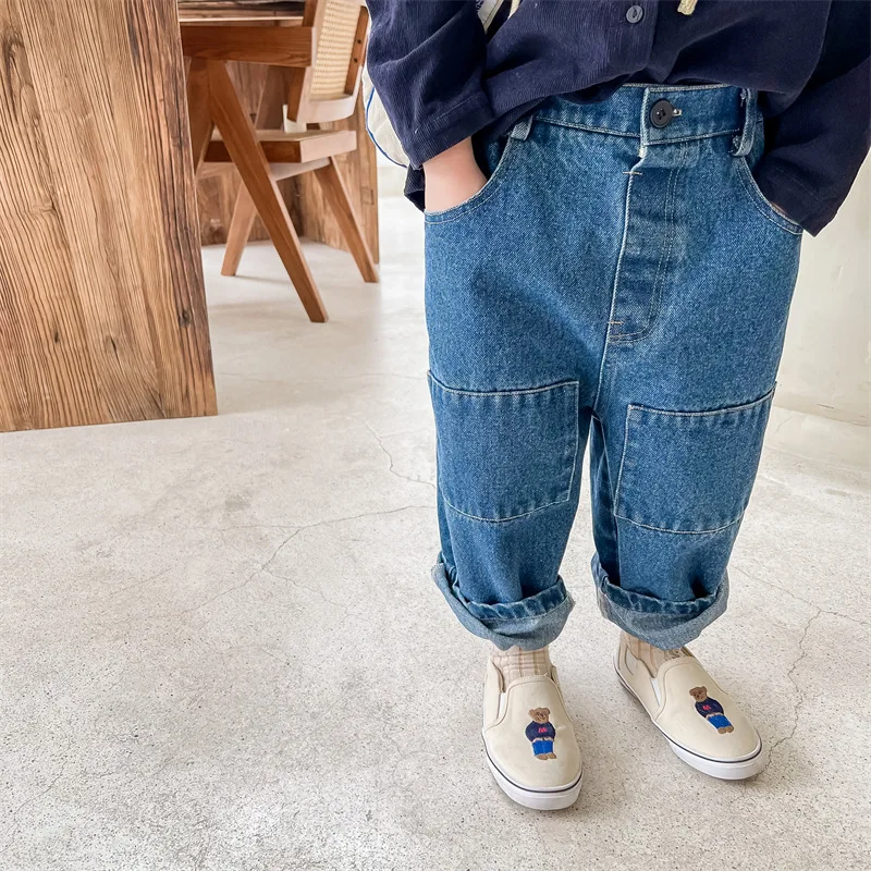 

2024 Spring Kids pants solid color patchwork straight jeans Boys girls all-match loose denim pants