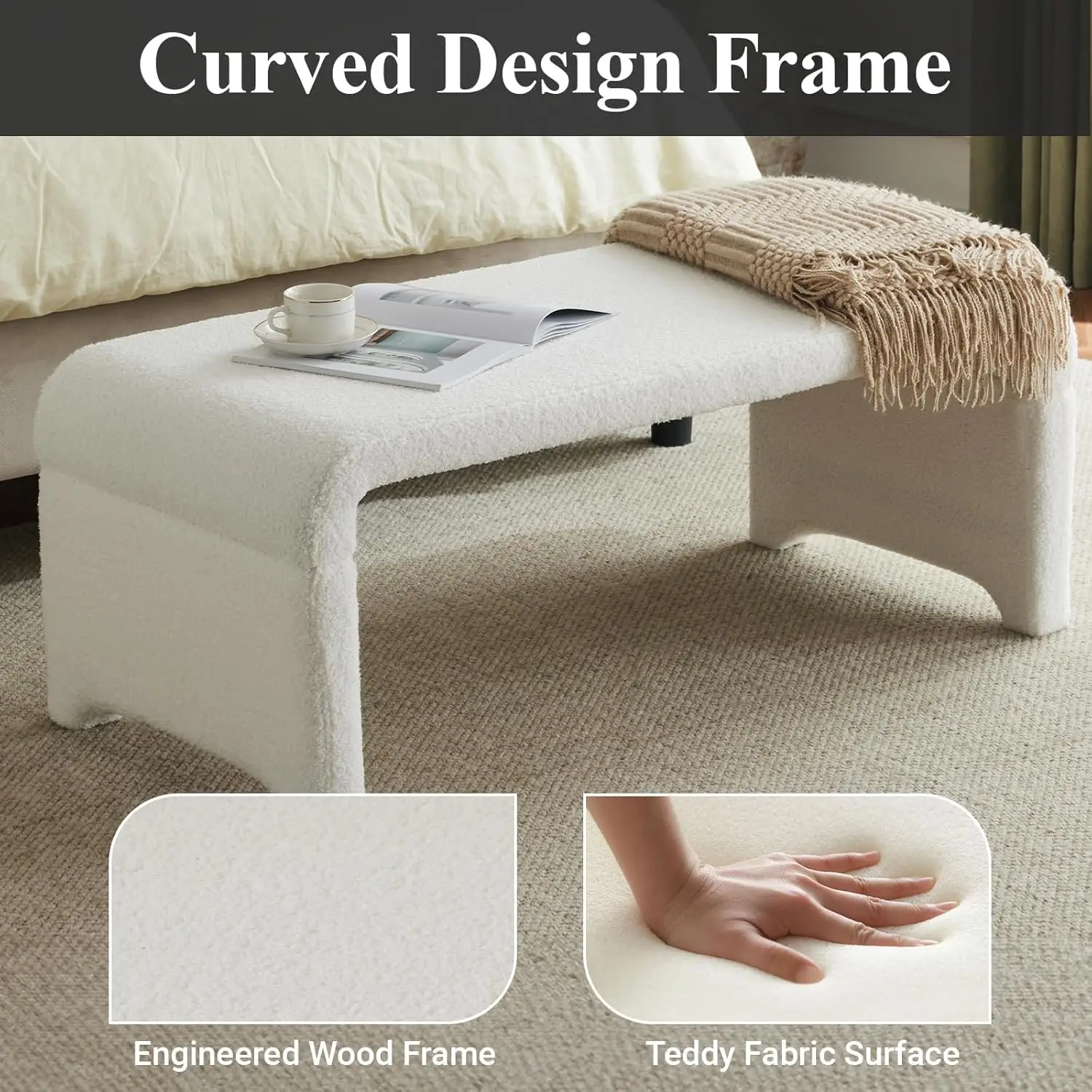 43.5in End of Bed Bench, Upholstered Entryway Bedrrom Bench Ottoman with Teddy Fabric Footrest Stools