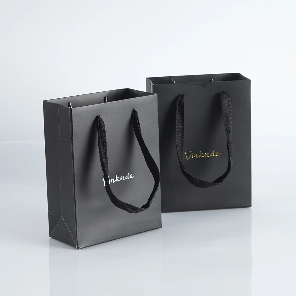 100pcs Black Paper Bags with Handles Custom Logo 12x6x16cm Cardboard Gift Tote Bags Small Business Shopping Birthday Party Bag