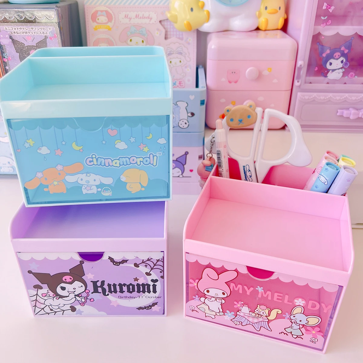 Kawaii Sanrio Kuromi Pen Holder Hello Kitty My Melody Cinnamoroll Girl Cartoon Large Capacity Desktop Stationery Storage Box