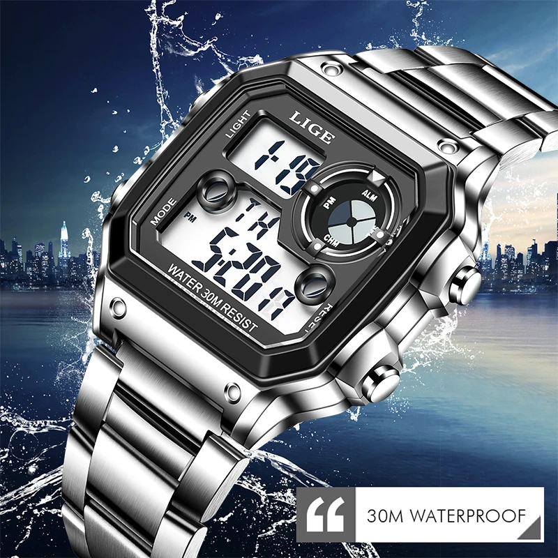 LIGE Men Digital Electronic Watches LED Sport Military Mens Quartz Wristwatch Male Luminous Waterproof Clock Relogio Masculino