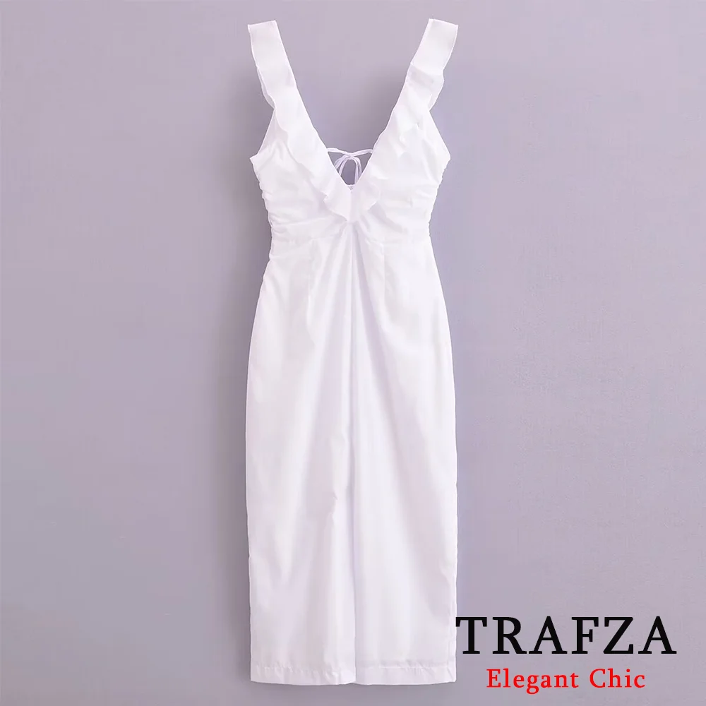 

TRAFZA Vintage Chic Women White Dress Fashion 2024 Summer Ruffled Zipper Sleeveless Backless Dress Elegant Evening Party Dress