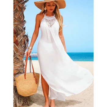 Vacation Style Bikini Sun Protection Cover Up, Sexy Side Slit Transparent Elegant Long Dress, Loose-Fitting Plain Design 1