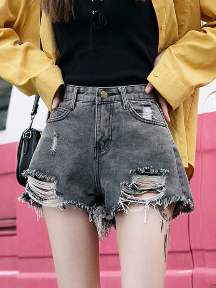 

Perforated Denim Shorts Women Summer Korean Loose High Waisted Wide Leg Pants Causal Jeans Shorts
