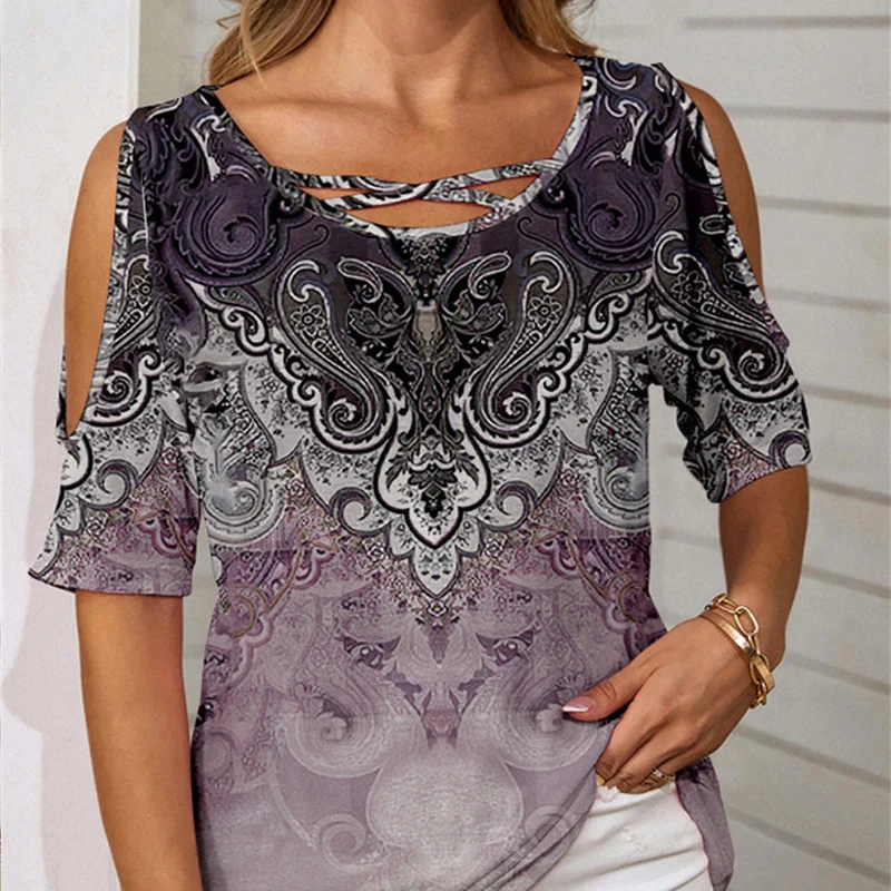 Summer Gypsy Vintage Blouses Women Contrasting Colors Wild Creative Elegant Round Collar Off Shoulder Half Sleeve Chic Clothes gypsy pistoleros forever wild beautiful and damned greatest hits vol 1 1 cd