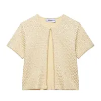 Zevity Women Fashion O Neck Short Sleeve Sequined Design Knitted Sweater Female Chic Open Stitching Crop Coats Chic Tops CT9378 - Image 3