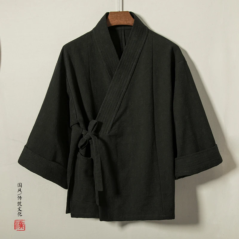 Hanfu Men Cotton Linen Jacket Kimono Kongfu Coat Mens Retro Cardigan Outwear Male Open Stitch Jacket Chinese Style Tops