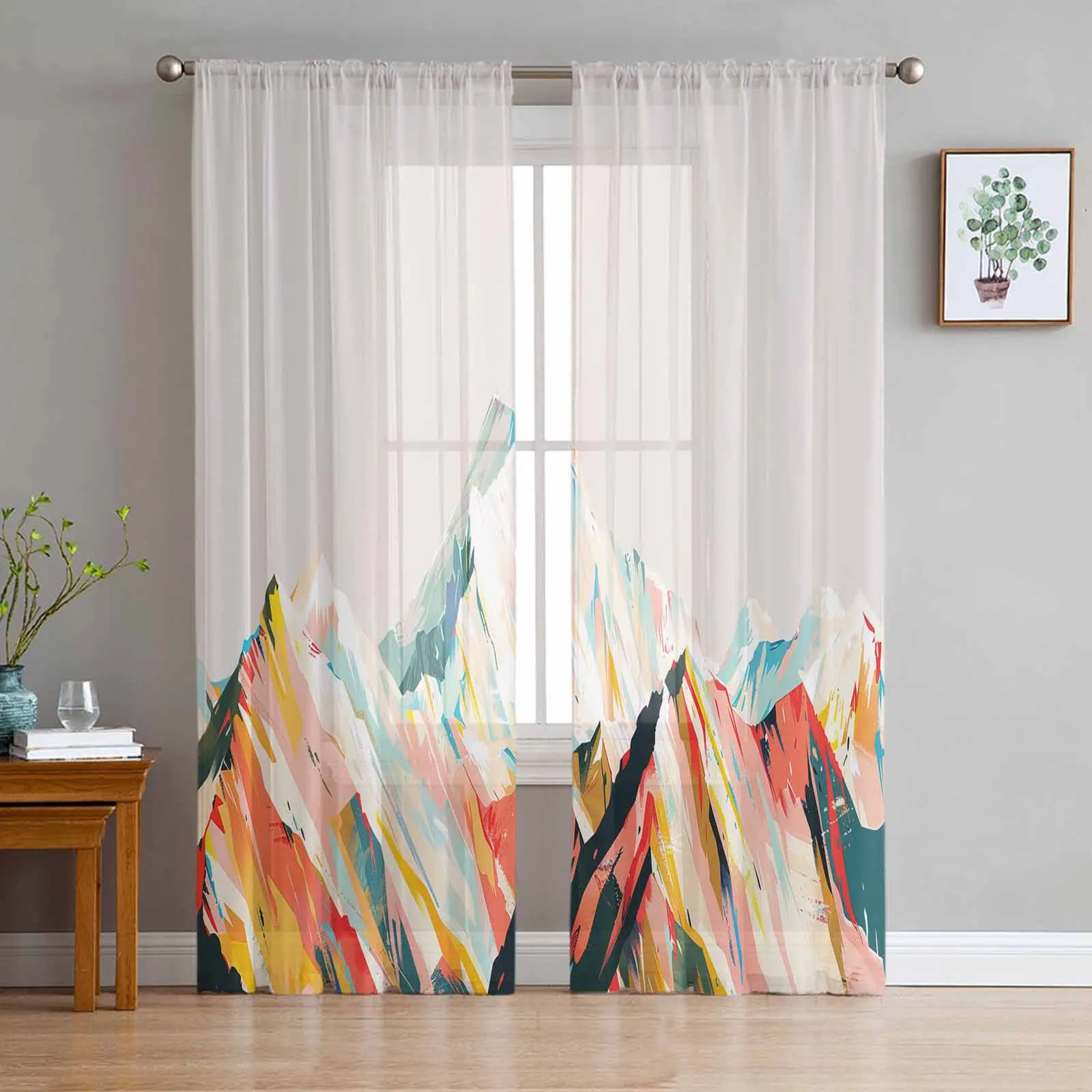 

Abstract Oil Painting Mountain Illustration Curtain For Living Room Bedroom Kitchen Window Tulle Curtains Home Essentials