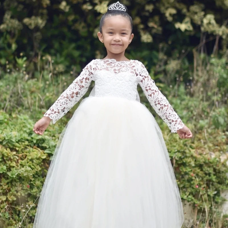 

Flower Girl Dresses White Fluffy Tulle Appliques Big Bow Lace Long Sleeve Elegant Wedding Birthday Party First Communion Gowns