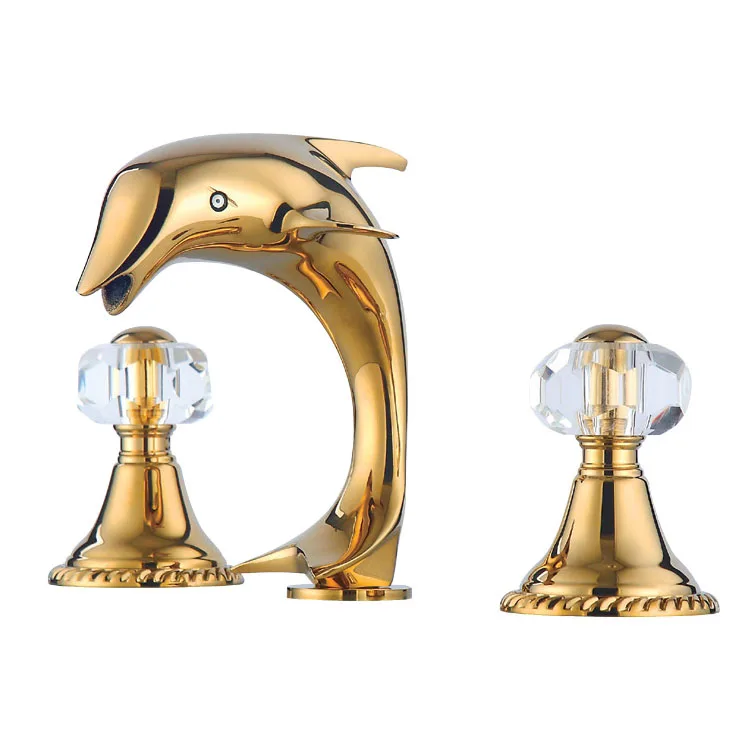 

Royal golden dolphin crystal switch 3-hole wash basin gold faucet