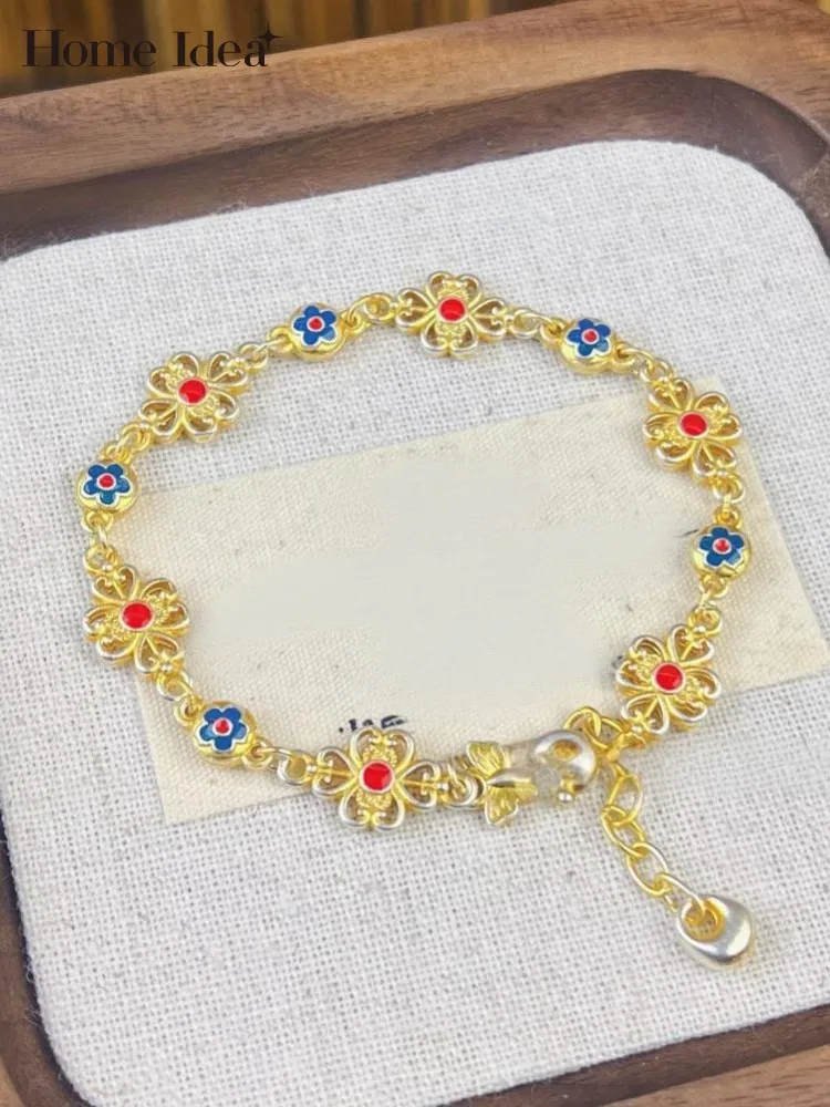 Women 999 Sterling Silver Bracelet Enamel Flower Retro Chinese Style Fashion Adjustable Ladies Bracelets Elegant Fine Jewelry