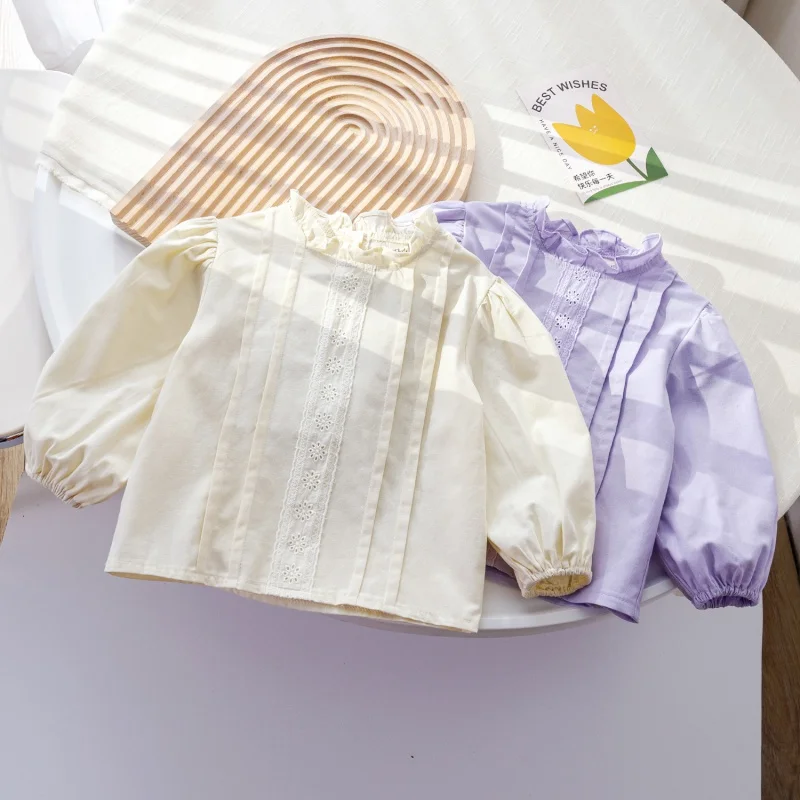 

Sweetheart Dad Girl's Western Style Lace Collar Shirt Baby Girl's Spring and Autumn Fresh Shirt Girl Long Sleeve Top Tianxbb
