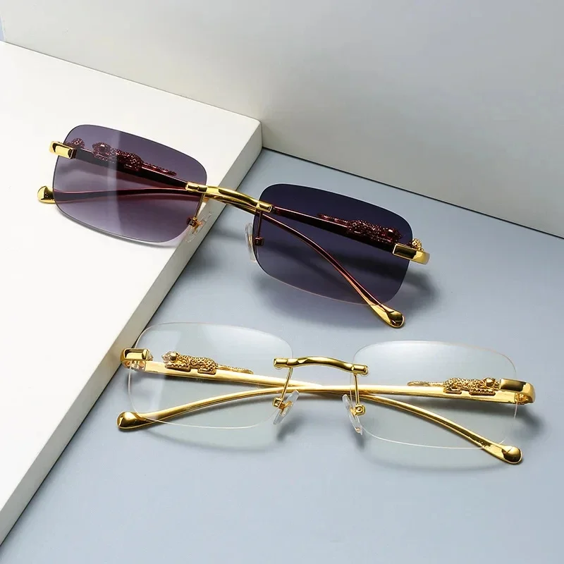 Rimless Rectangle Vintage Sunglasses Metal Leopard Head Sun Glasses Fashion Frameless Tinted Glasses Shades for Women Men color matching sunglasses