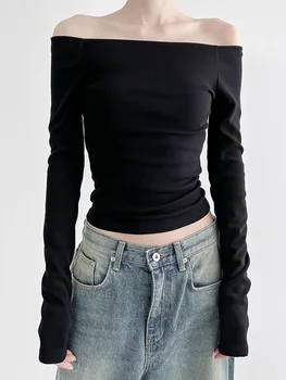 Black Solid Slash Neck Elegant Long Sleeve Tops Korean Fashion Slim Sexy Cropped T Shirt Women Fall Clothing 1