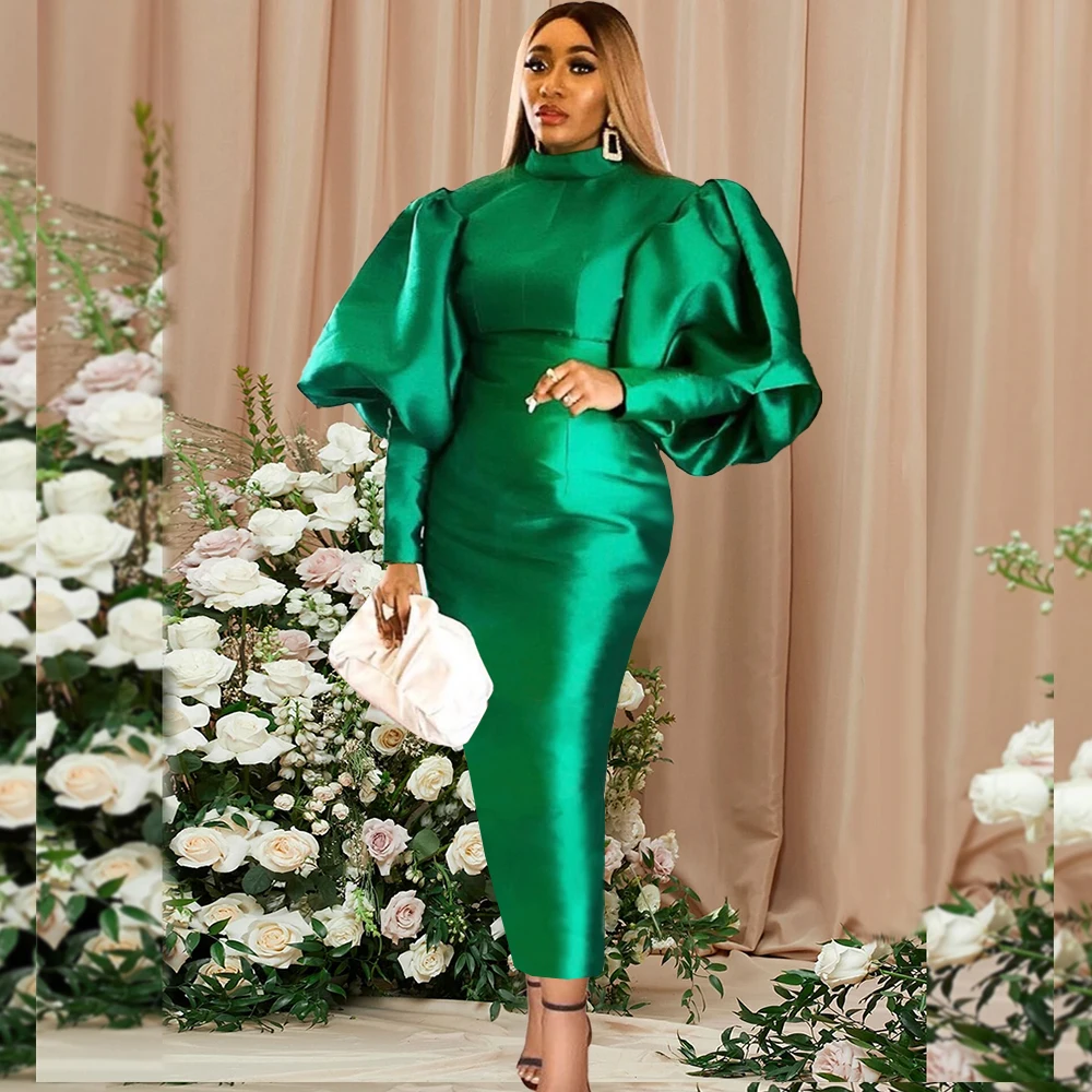 

Long Lantern Sleeve Turtleneck Bodycon Dress Elegant Dresses For Women 2024 Evening Party Solid Shiny Pencil Dress African Gowns
