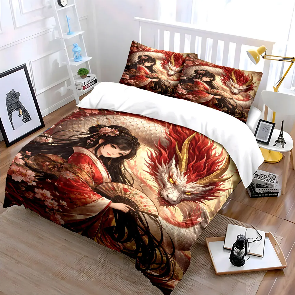 Lady in Red with White Dragon Printed Duvet Cover Set1 Duvet Cover+2 PillowcaseMulti Size Bedroom Bedding Decor Luxury gifts 2