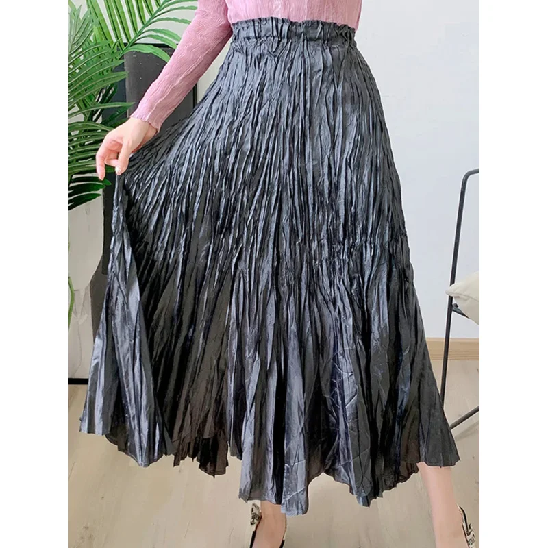 Large Hem Pleated Mid Length Skirt For Female Elastic Waist Solid Color Irregular Skirts Female Elegant Clothing
