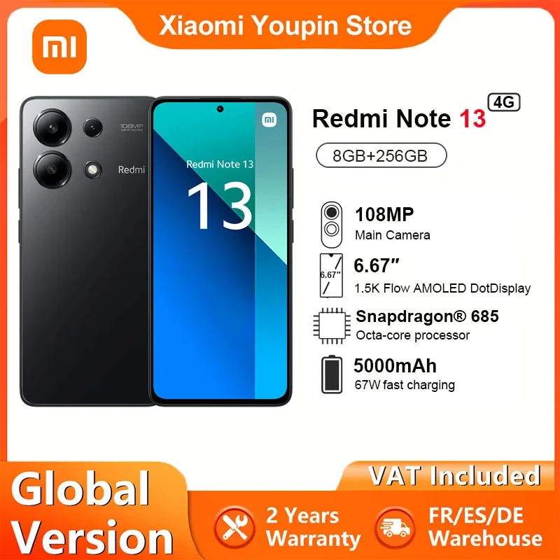 Xiaomi-Smartphone Redmi Note 13 4G, versión Global, Pantalla AMOLED de 6,67 pulgadas, 120Hz, triple cámara trasera de 108MP, procesador Snapdragon 685, 5000 mAh