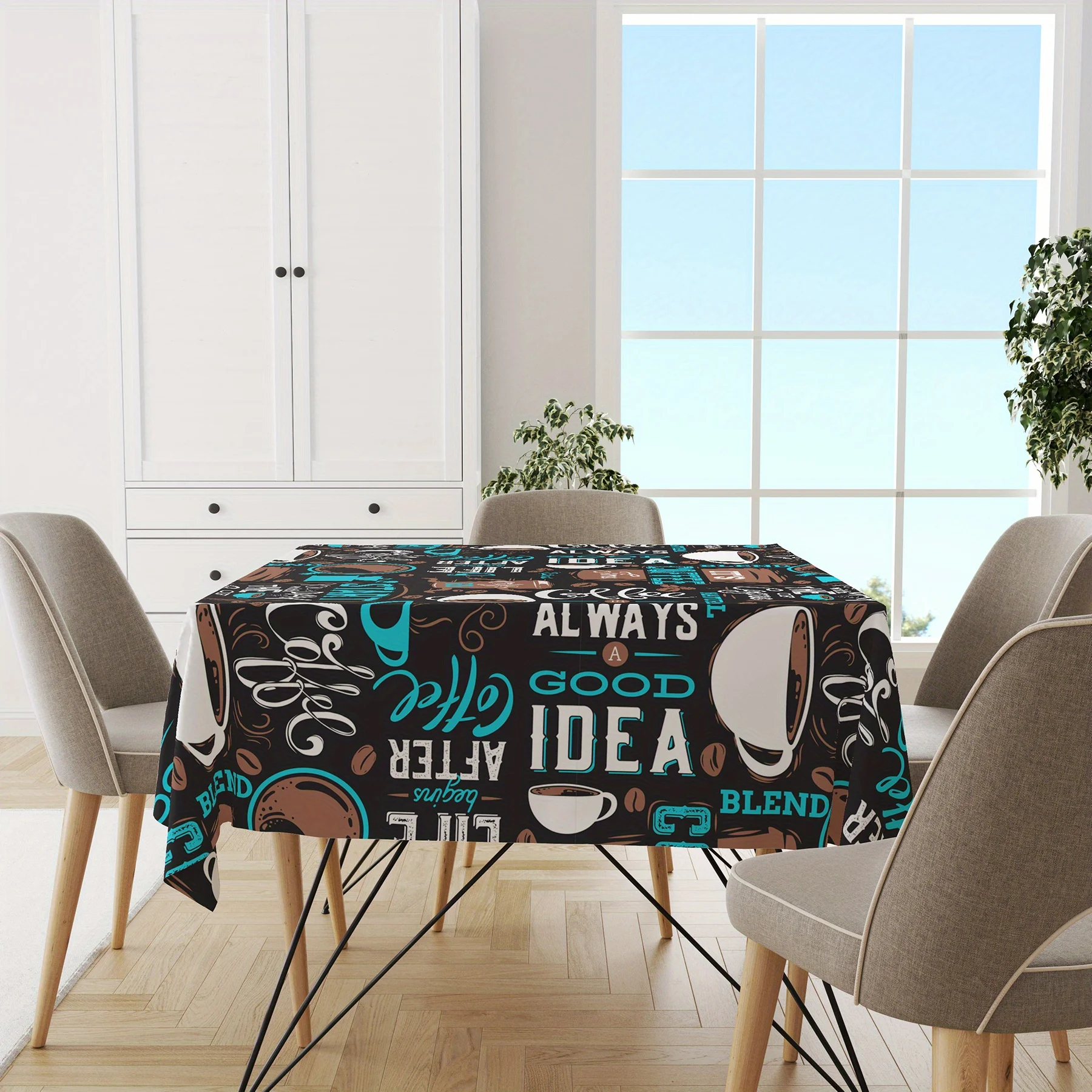 1pc Coffee pattern Black Polyester Tablecloth, Oilproof&Waterproof Tablecloth Rectangular Table Decoration Kitchen table cover 2