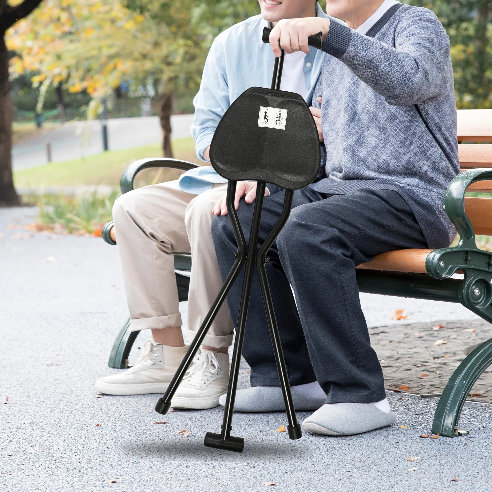 Portable Travel Hiking Chair Stool Tripod Folding Walking Stick with Seat Cane