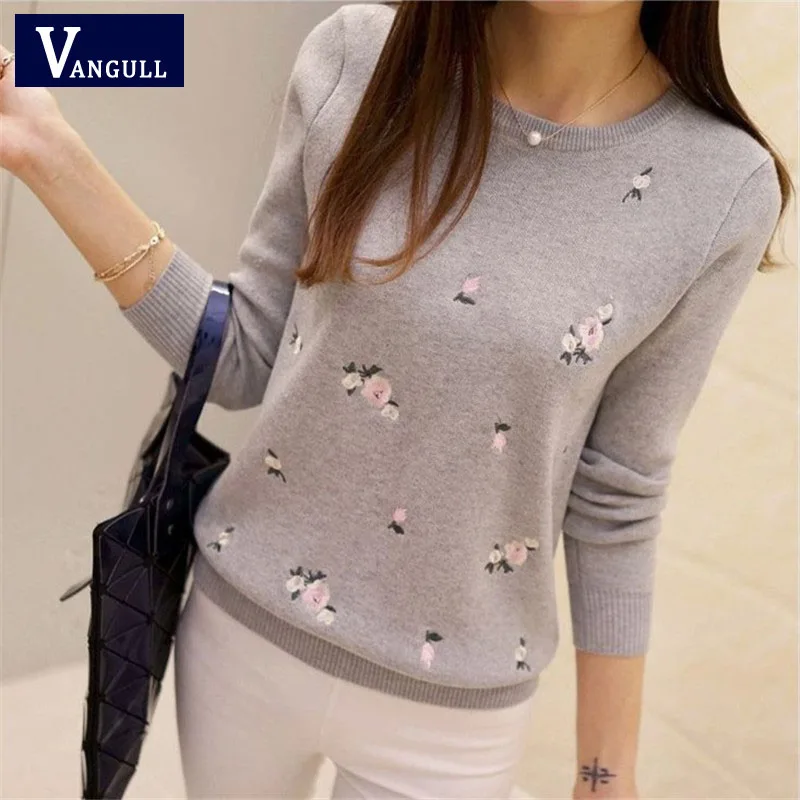 

Vangull Autumn New Flower Embroidery Knitted Women Sweater High Elastic Soft Long Sleeve O-Neck Collar Loose Female Pullovers