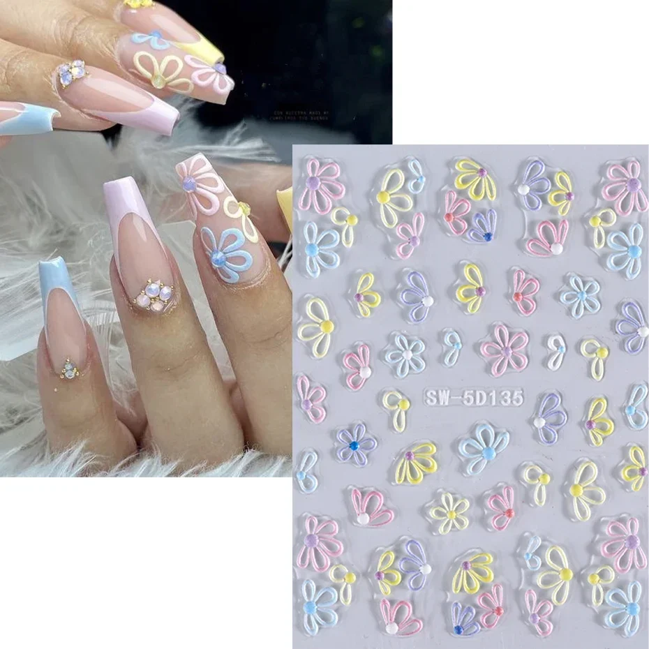 5D Colorful Daisy Flower Nail Art Sticker Lace Heart Spring Hollow Petals Boho Style French Engraved Slider Manicure Decorations