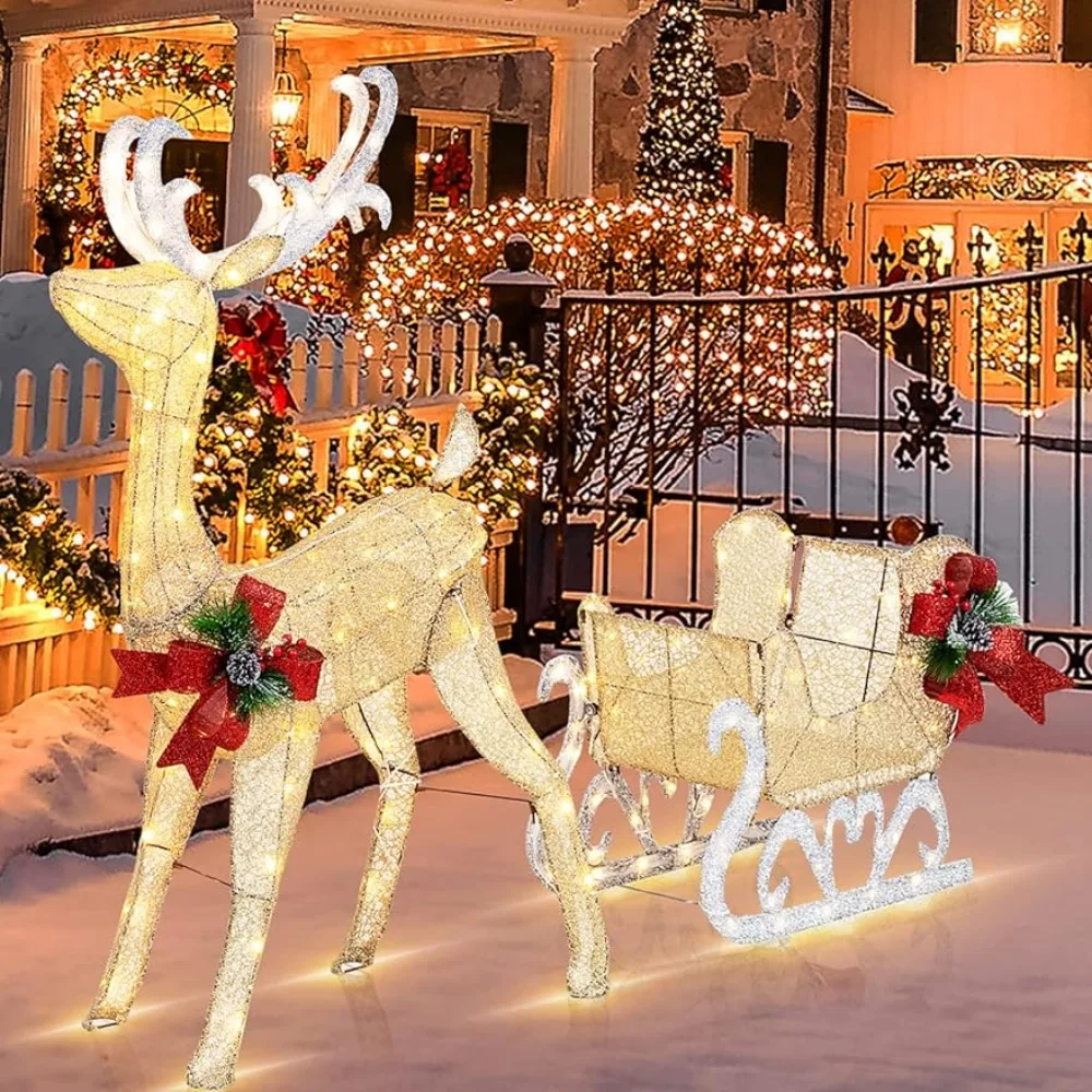 

Christmas ornament lights reindeer and sleigh decoration, outdoor patio decoration set with LED lights