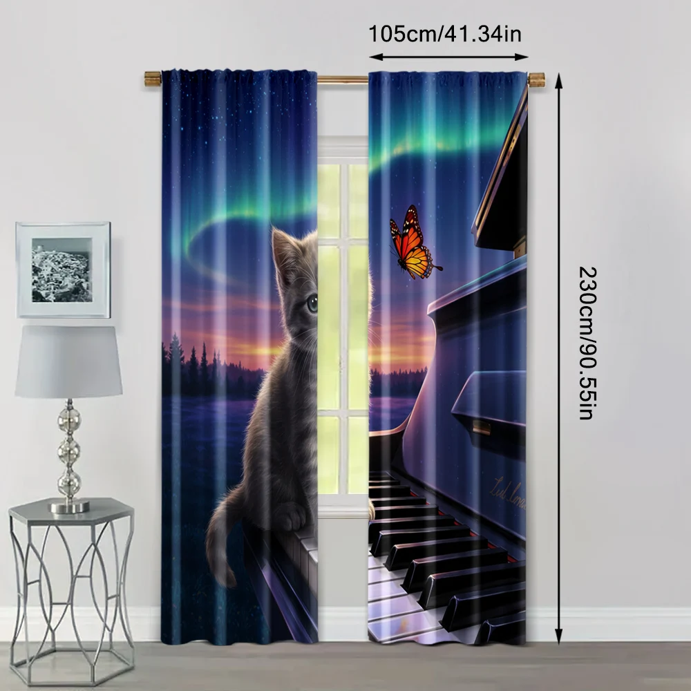 2pcs, Window Drapes Cat with butterfly on piano Protecting Privacy Festive Backdrops for Indoor Use bedroom decor 4
