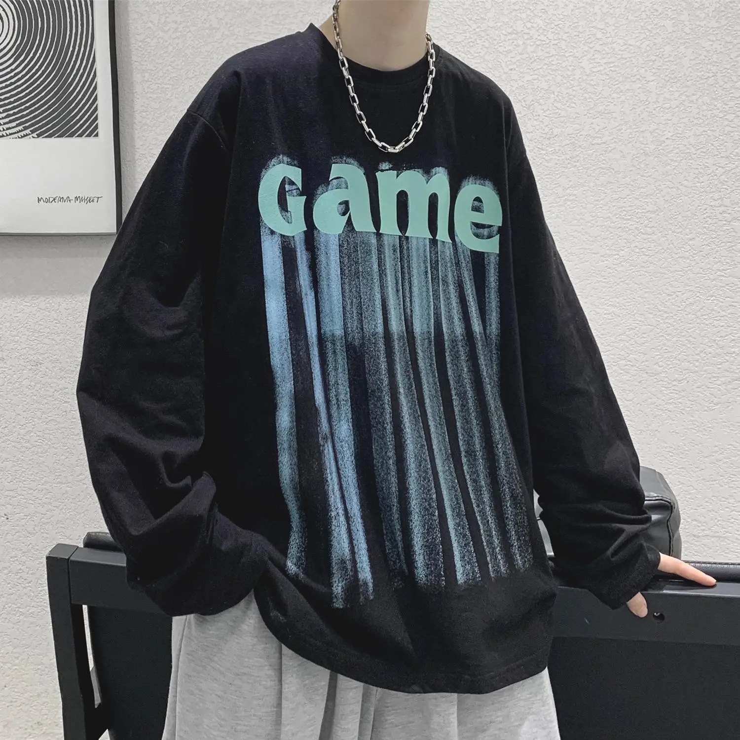 

Letter Print Street Style Long Sleev T-shirt Men Spring and Autumn Trend Hiphop Loose Top Japanese Harajuku Men's Clothing