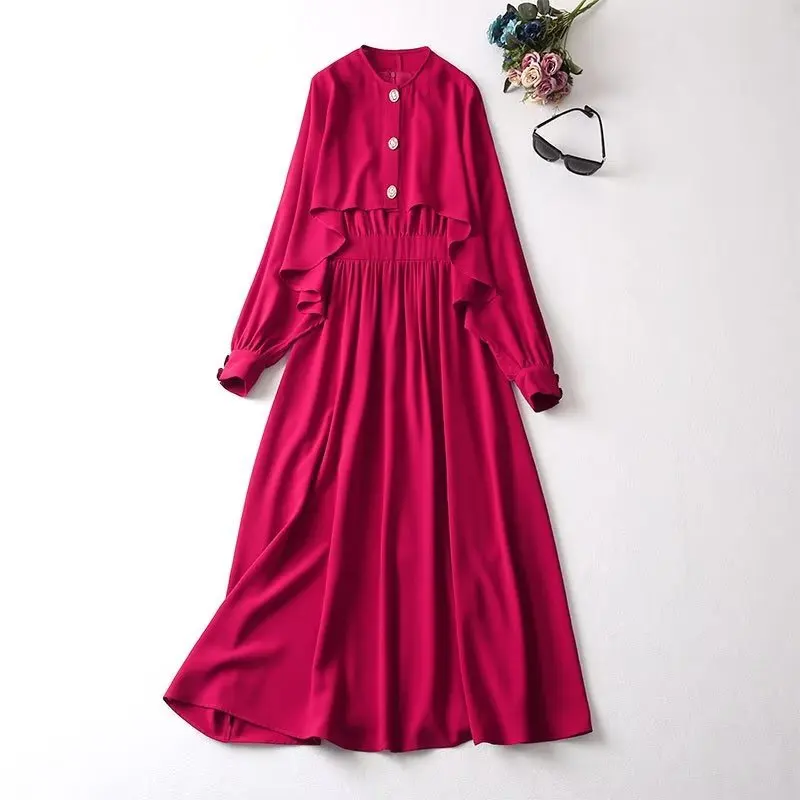 

High Quality Designer Clothing Sets 2023 Spring 2 Piece Dress Set Women Cape Poncho Style Tops Coat+Sleeveless Rose Red Dress