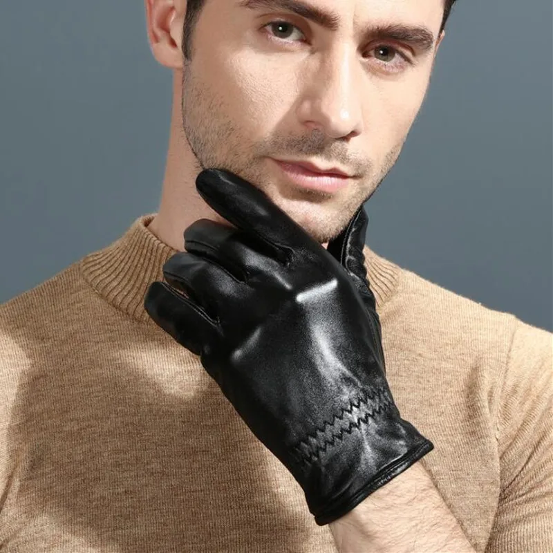 Men's Genuine Leather Gloves Real Sheepskin Black Touch Screen Gloves Outdoor Bicycle Driving