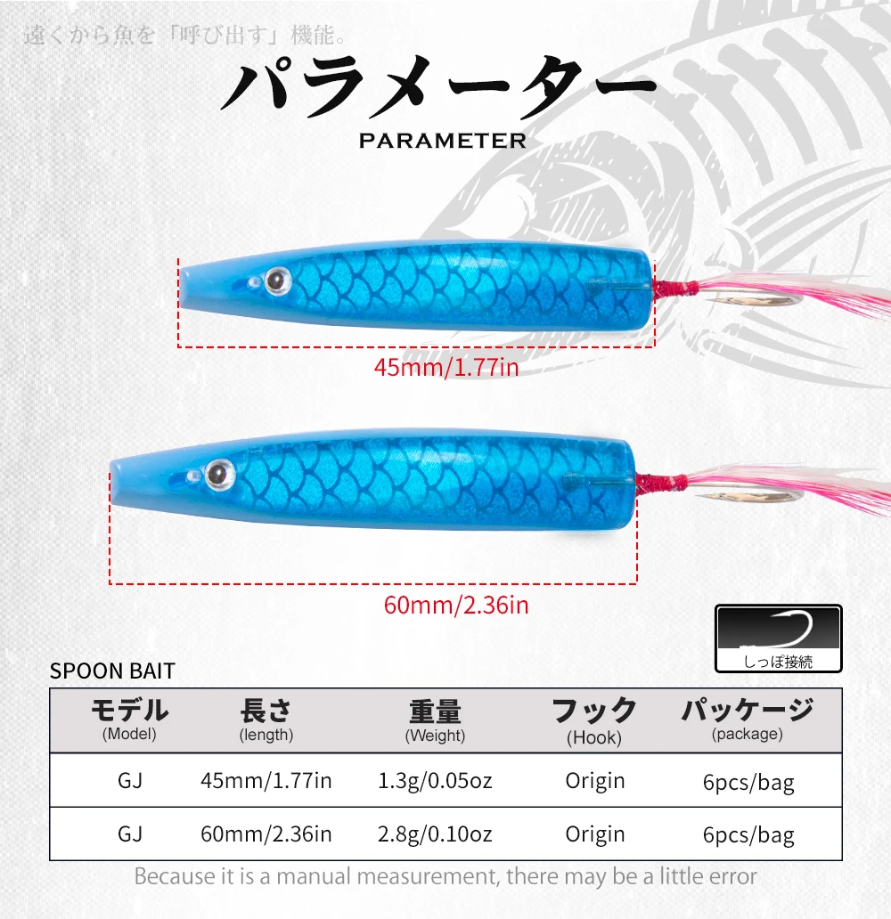Description Picture 4 of itemHunthouse 6pcs/Bag Surf Yumizuno Plasti Cspinners Spoon Fishing Lures Trolling 45mm 60mm Fishing Baits Bait For Pike