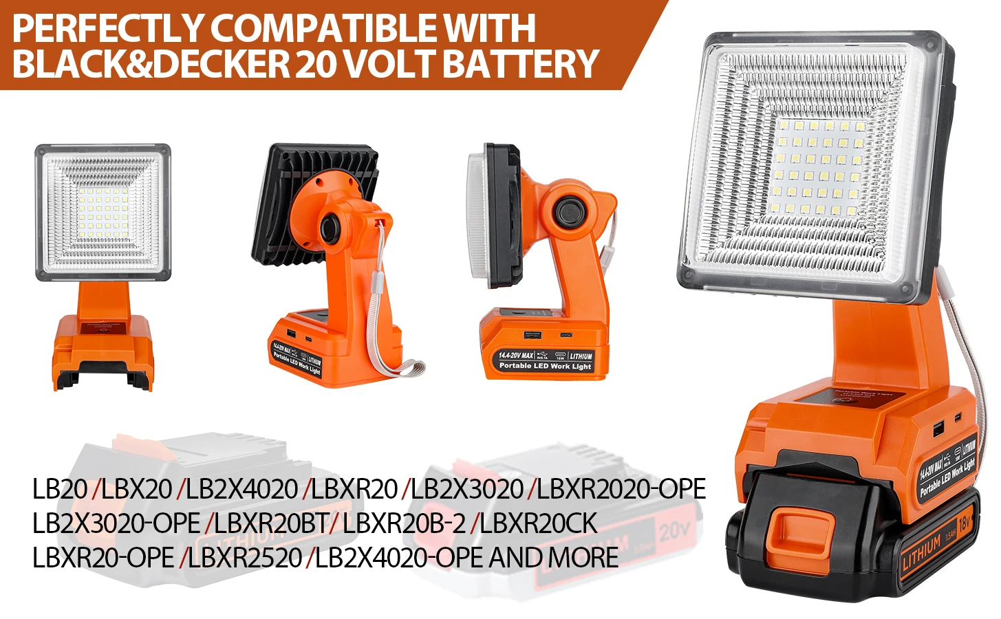 1500LM LED Work Light for Black and Decker 20v Battery 25W Floodlight with Fast