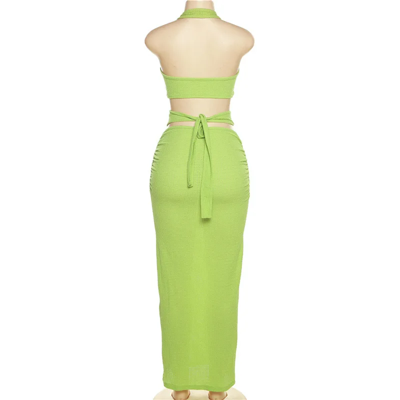 BKLD Summer Outfits For Women 2024 New Fashion Halter Neck Open Back Crop Top Slim Fit Wrap Hip Skirt Two Piece Set Green