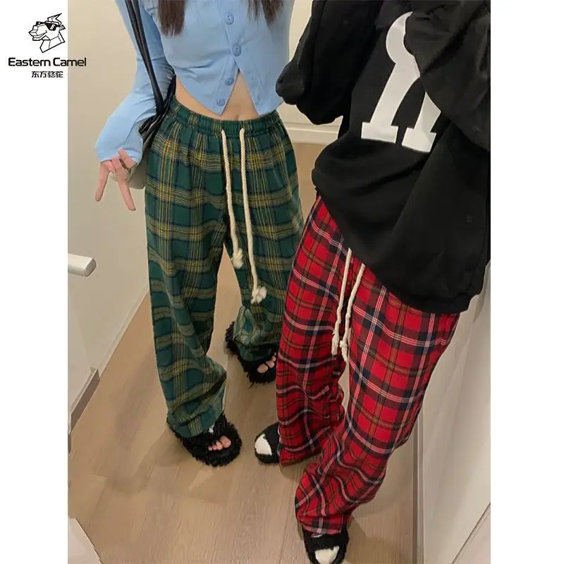 Spring Autumn New Elastic Waist Lacing Wide Leg Pants Plaid Loose Plus Size Straight Sports Pants Vintage Casual Women Clothing