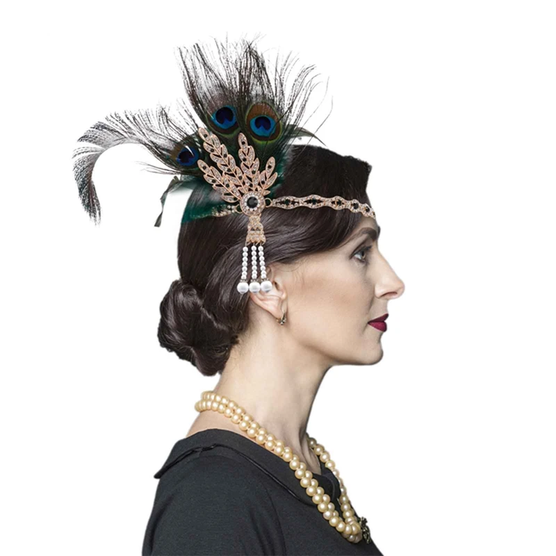 

New Vintage Feather Headband The Great Gatsby Rhinestone Beaded Headband Sequin Hair Band Party Headpiece Women Gift Accessories