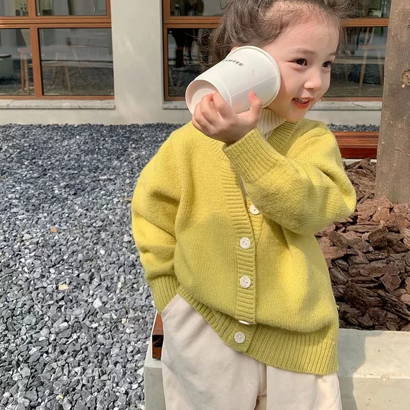 여아용 캐주얼 단색 스웨터, 싱글 브레스트 니트 카디건 스웨터, 용수철 가을 어린이 하이넥 스웨터