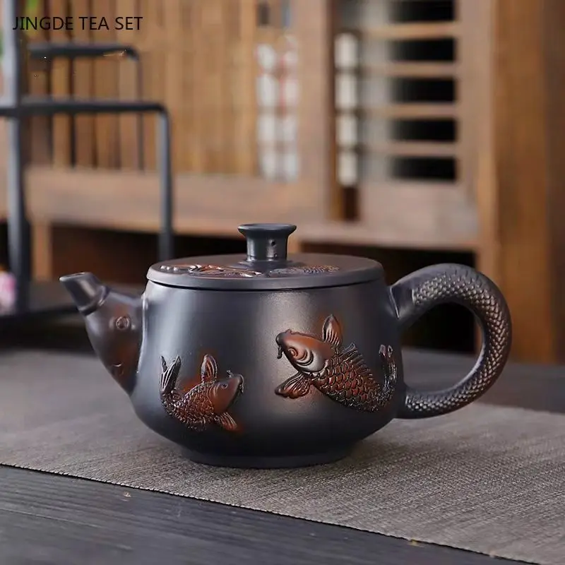 1 PCS Purple Ceramic Relief Single Dragon Phoenix Stone Scoop Pot Ball Hole Filter Large Capacity Purple Mud Retro Teapot
