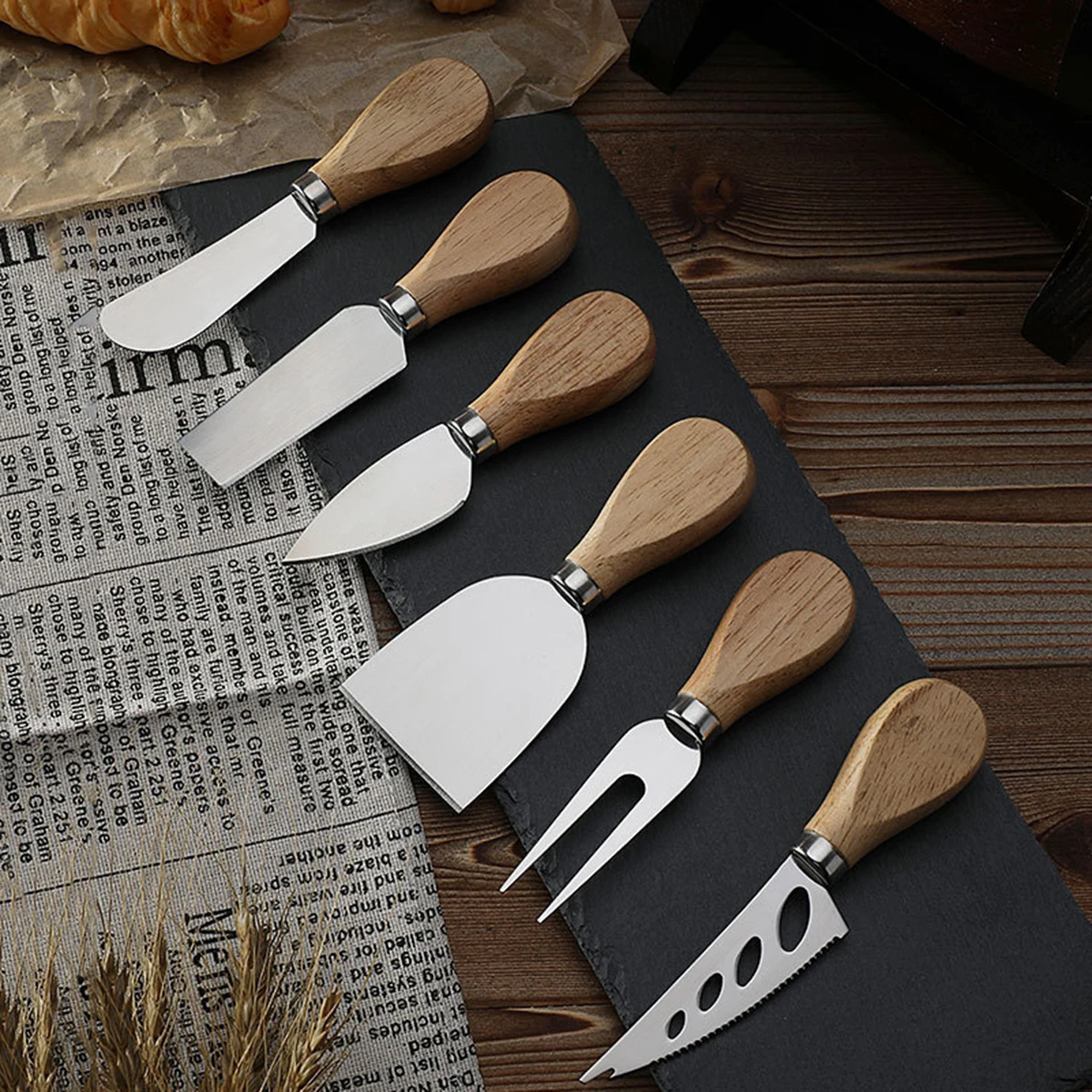 6-Piece Wooden Handle Stainless Steel Cheese Knife Butter Pizza Fork Butter and Cream