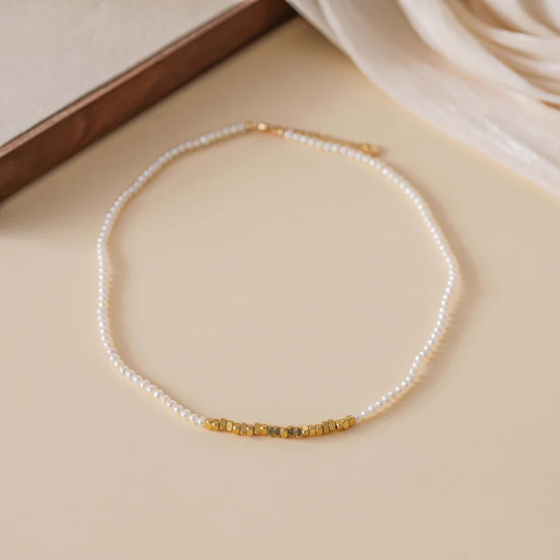 

ALLNEWME Fashion Cubes Freshwater Pearl Beaded Necklace 14K Gold Plated Brass Chokers Necklaces for Women Statement Jewelry