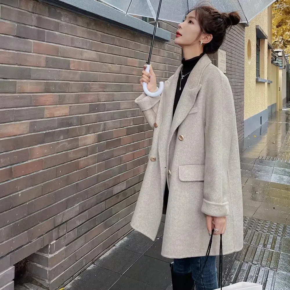 

High-end Women's Woolen Suit Coat Mid-length 2023 Autumn and Winter Elegant Double-breasted Casual Office Lady Woolen Coat Top