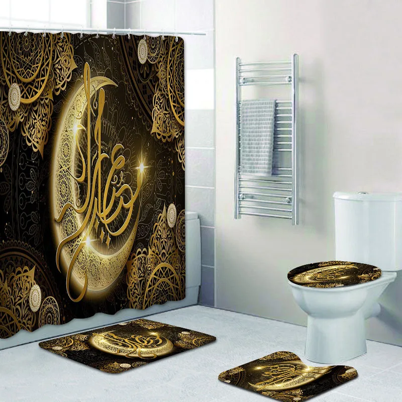 3D Black Golden Eid Mubarak Arabic Traditional Bathrooom Shower Curtain