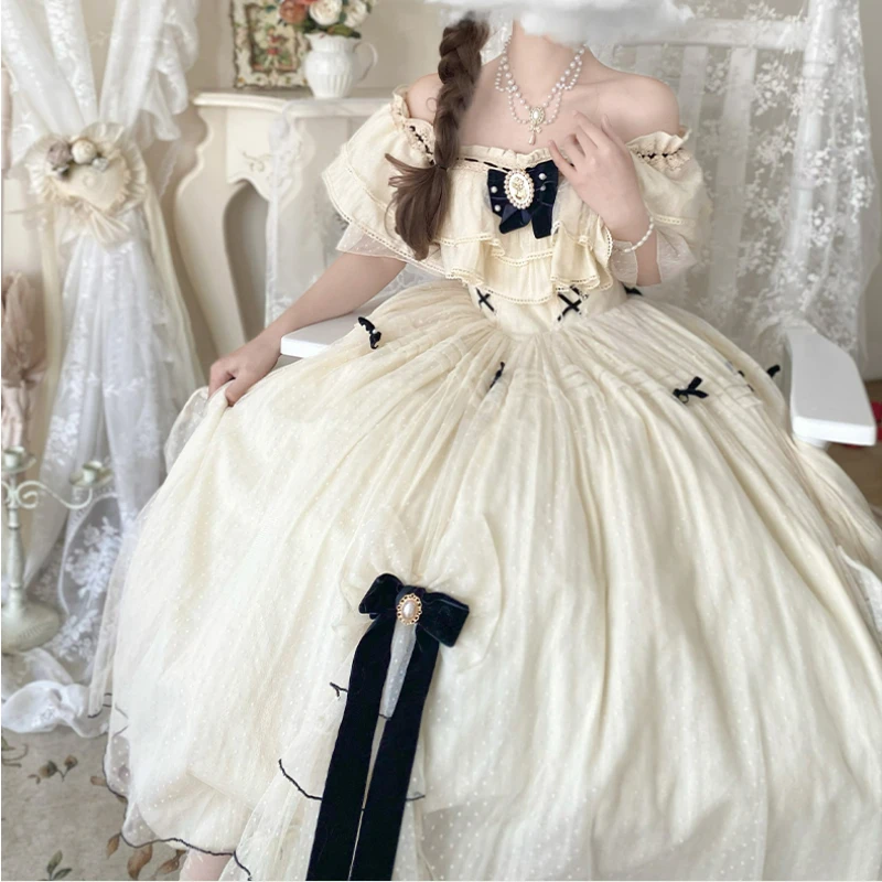 Vintage elegant Lolita dress women sweet bow high waist fairy party summer cosplay costumes French princess dress