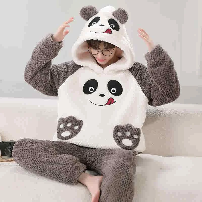 Warm Pajama Dinosaur Man Sleepwear Flannel Thick Coral Pajamas Men Long Sleeve Casual Winter Fleece Пижама Мужская Пижамы