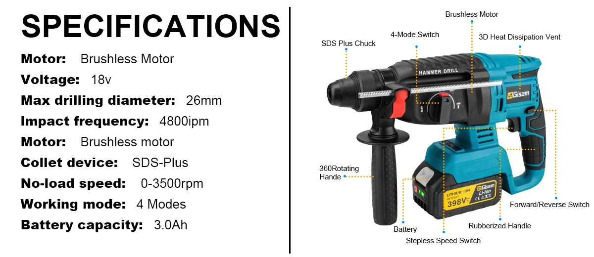 26MM Brushless Electric Hammer Drill Multifunctional Cordless Rechargeable Screw