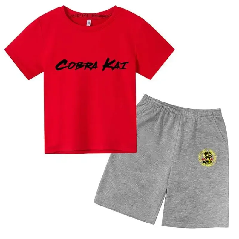 thumbnail image 1 of Conjunto de 2 camisetas y pantalones cortos de algodón de manga corta con estampado de Cobra Kai para niños de 3 a 13 años, ropa para niños y niñas, 1 of 5