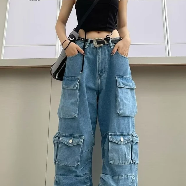 Vêtements de travail en denim pour femmes à la mode |   Jean multi-poches noir et gris Street Style |   Conception fonctionnelle américaine décontractée taille haute 6