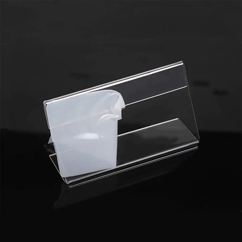 10pcs Clear Price Tag Clip Sign Card Holder stands L Shape Mini Label Deskstop stand Racks Acrylic Card Display Holder 4X2 7X4cm