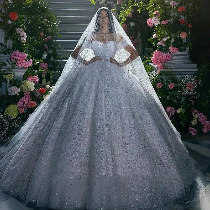 Bohemian Wedding Dresses Women\'s Sexy Off Shoulder Shiny Tulle Princess A-Line Bridal Gowns Robe Vestido De Noiva Mariée 2023 فس