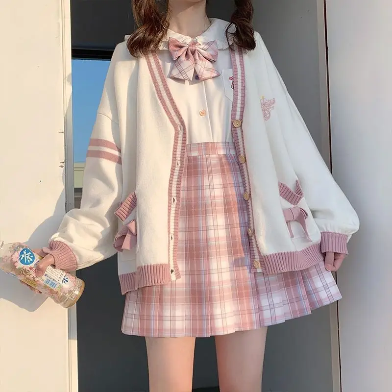

Japanese Kawaii Cardigan Women Sweater Korean Fashion Cute Bow Heart Style Uniform Long Sleeve V Neck Coat Knitted Tops Cardigan